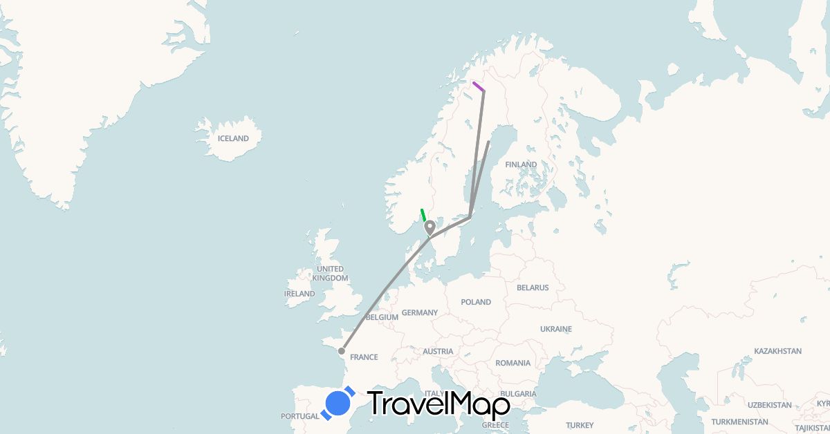 TravelMap itinerary: bus, plane, train in France, Norway, Sweden (Europe)