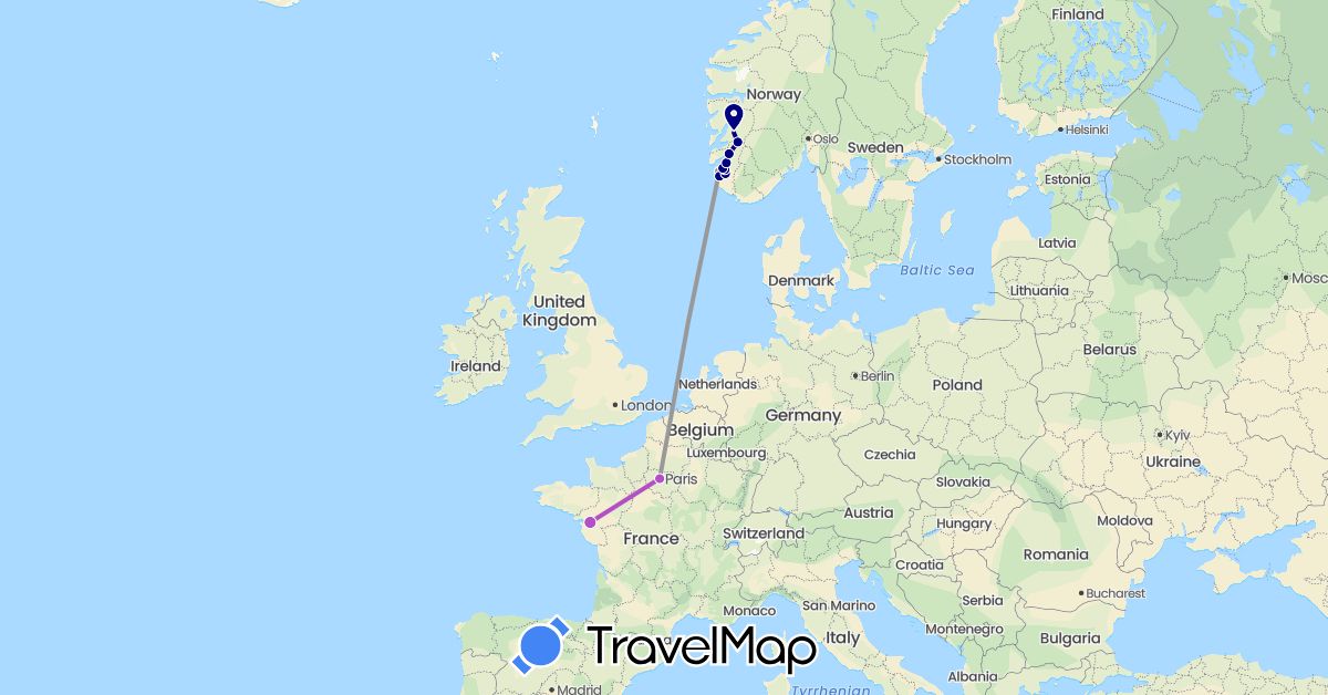 TravelMap itinerary: driving, plane, train in France, Norway (Europe)